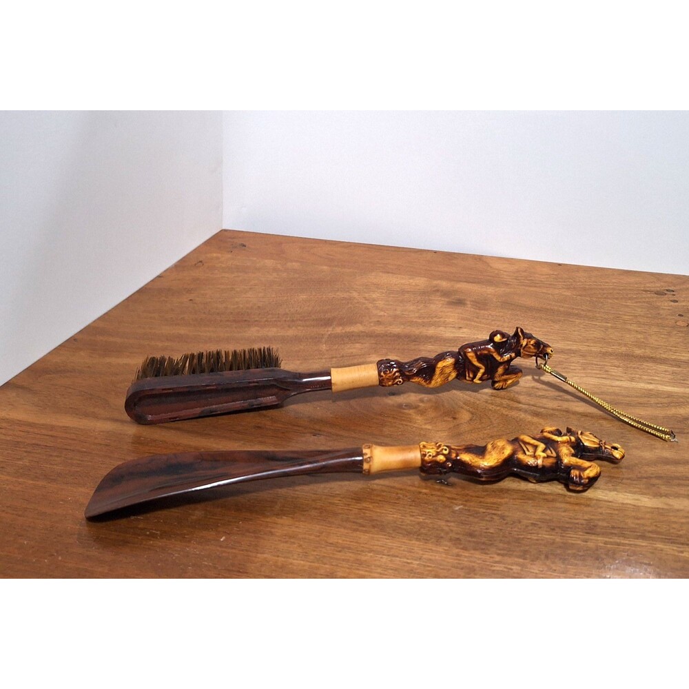 Vintage Plastic Shoehorn and Shoe Brush w/ Jockey Carved Racehorse Handle Japan